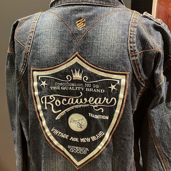 Rocawear lightly distressed embroidered back logo contrasting front denim jacket - Picture 7 of 9